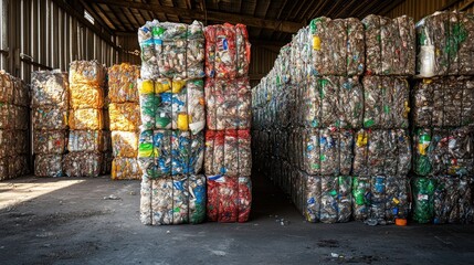 Fototapeta premium Bales of Recycled Plastic Waste in a Warehouse Environment