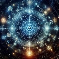 Obraz premium Unlocking cosmic mysteries with intricate celestial patterns and glowing energy, a journey through the universe's design.