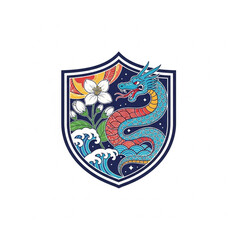"A fierce dragon coiled around blooming flowers within a medieval shield, blending strength, nature, and protection in one striking emblem."

