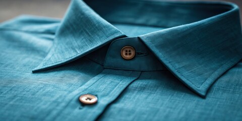 Close up of a teal linen shirt collar with wooden buttons isolated on white background