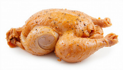 Close-up of raw chicken seasoned with spices. The poultry is ready for cooking. The image is set against a white background.