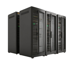 Multiple server racks, dark gray, glass doors, technical equipment