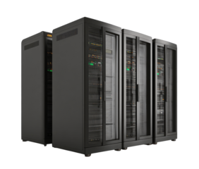 Multiple server racks, dark gray, glass doors, technical equipment