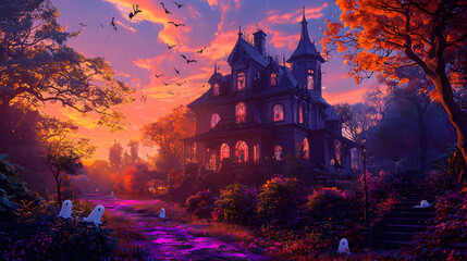 pastel haunted house Mysterious haunted house at sunset with ghosts. halloween for kids, spooky cute cartoon