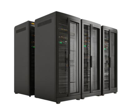 Multiple server racks, dark gray, glass doors, technical equipment