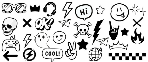 Hand-drawn doodle vector set with cool icons like skulls, smiley faces, lightning bolts, game controller, peace sign, and more. Perfect for t-shirts, stickers, and streetwear graphics white background