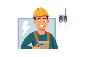 Happy electrician wearing a hard hat holding a tool with electrical symbols