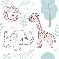 Seamless cartoon pattern with funny giraffe and wild animals in safari style