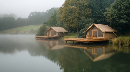 Obraz premium Serene lakeside cabins sit peacefully amidst misty surroundings. Nature envelops these cozy homes creating a perfect retreat for relaxation and inspiration. Generative AI
