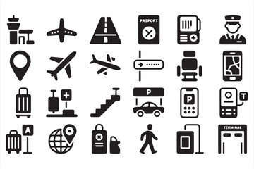 Vector Travel and Airport Icons Set Featuring Flight, Luggage, and Services
