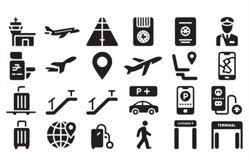 Black Silhouette Icons of Airport, Travel, and Transportation Elements