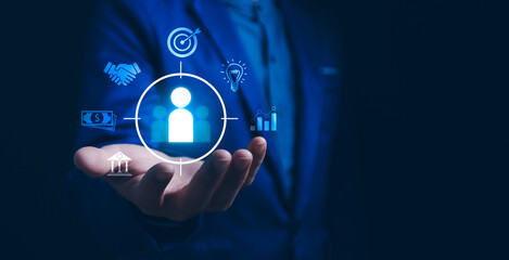 Customer Centricity and Business Strategy. A businessman presenting a customer icon at the center, surrounded by elements of targeting, innovation, financial goals, collaboration, and market analysis.