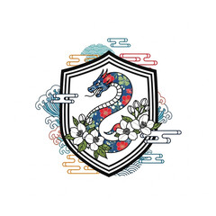 "A fierce dragon coiled around blooming flowers within a medieval shield, blending strength, nature, and protection in one striking emblem."

