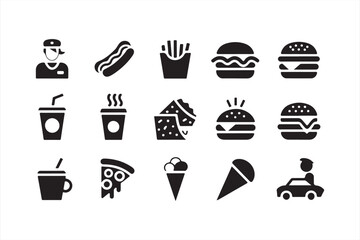 Minimalist Black Fast Food Icons Set with Delivery and Drinks