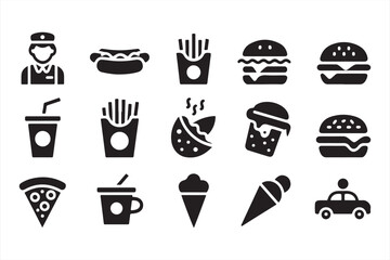 Modern Silhouette Icons of Fast Food and Delivery in Black Design