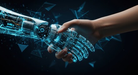 Human hand clasps robotic appendage in a symbolic gesture of collaboration and the future of technological integration