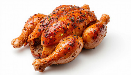 A close-up shot of a perfectly roasted chicken on a white background. The chicken is golden brown, crispy, and seasoned.