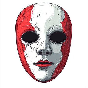 A striking red mask featuring a white face and intense black eyes adding an element of mystery and intrigue