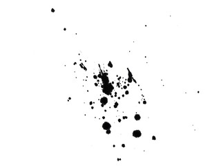 Black ink splashes and drops isolated on white background. Black ink splatter pattern, black watercolor splash, black ink stains, spots, dots.