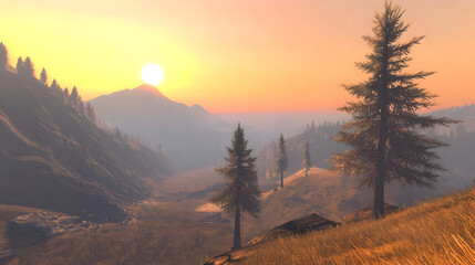 Golden sunrise over a mountain valley.  Tall pines stand sentinel amidst a golden landscape. Misty mountain range fades into the warm light
