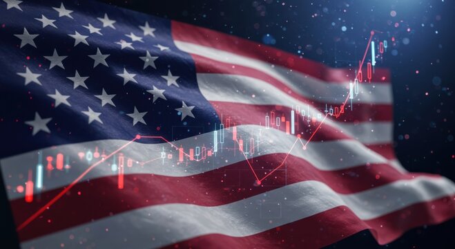 Dynamic american flag waving against a backdrop of stock market data and celestial sparkle