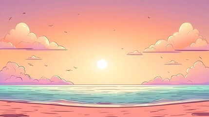 Pastel sunset over a beach. Fluffy clouds, a bright sun, and birds are flying over a calm ocean. Soft pastel colors on the sand, sky and water