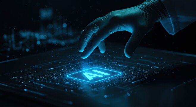 Futuristic hand interacting with glowing ai symbol on a circuit board with digital data streams