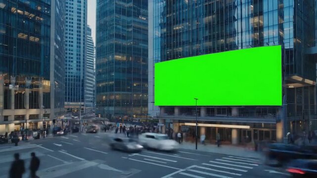 Dynamic city street with green screen billboard overlooking bustling crowd and traffic