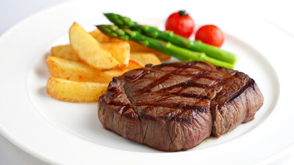 A perfectly grilled steak with visible grill marks, served with roasted potato wedges, asparagus, and cherry tomatoes on a white plate. AI generated.

