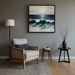 white modern living room is decorated with watercolor paintings of the sea.