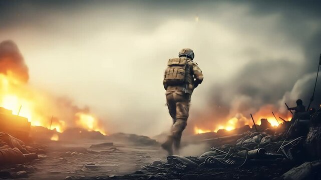 Independence Day in India Brave Soldier Marching in Battlefield Amid Flames