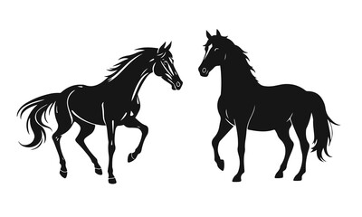 Silhouettes of horses on a white background, running at a trot, jumping, rearing. Vector illustration of black silhouettes of horses