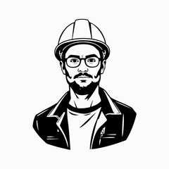 Builder illustration, man icon in construction helmet, bearded man avatar, man logo design	