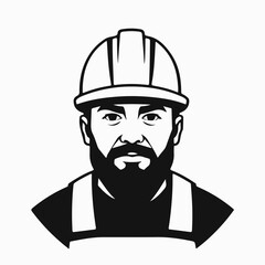 Builder illustration, man icon in construction helmet, bearded man avatar, man logo design	