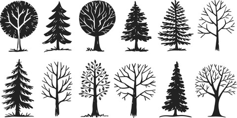 Winter Leafless Trees Vector Silhouettes