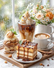 cozy rainy cafe Delicious desserts with coffee and flowers. emotional storytelling view, atmospheric urban solitude