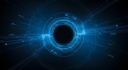 Abstract Blue Digital Technology Hub with Radiating Lines and Data Streams