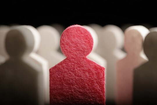 A red textured figure stands out amongst blurred white figures on a dark background concept image