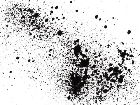Black ink splashes and drops isolated on white background. Black ink splatter pattern, black watercolor splash, black ink stains, spots, dots.