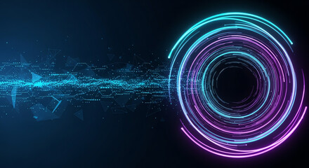 Futuristic glowing circles with digital particles