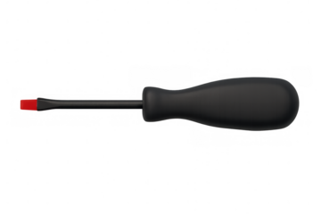 Black screwdriver with red tip lying horizontally on a transparent background, ideal for diy and maintenance projects