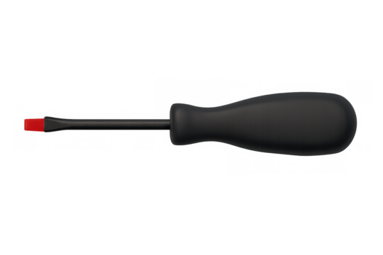 Black screwdriver with red tip lying horizontally on a transparent background, ideal for diy and maintenance projects