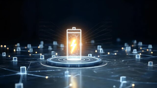 
A blue background with glowing battery icon surrounded by lines of data and light beams, symbolizing the power to create new energy. 