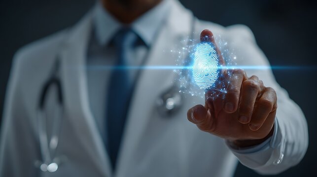 Doctor interacting with a holographic fingerprint for secure patient identification. - Powered by Adobe