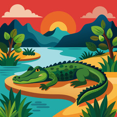Green alligator resting by a river at sunset with mountains