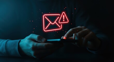 Digital communication alert glowing neon envelope icon with warning symbol appears above hand holding smartphone