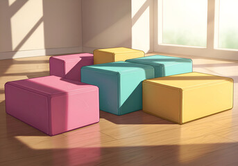 Colorful cube-shaped furniture in child?s room. Perfect for decor or kids? ads, highlighting playful aesthetics.