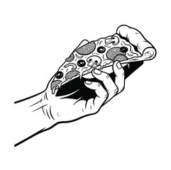 A stylized hand delicately holds a cheesy pizza slice with various toppings, depicted in a clean black and white vector format.