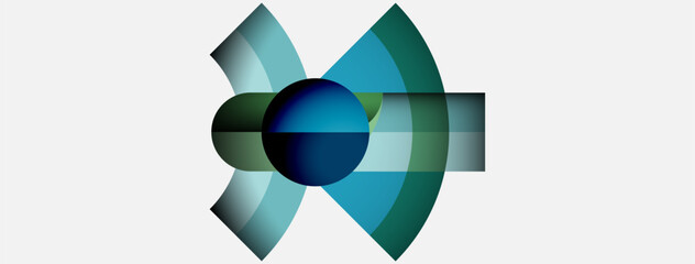 Obraz premium Abstract graphic design. Circular shapes overlap, creating dynamic visual effect. Teal, green, dark blue hues dominate composition. Minimalist style.