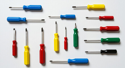Colorful Flat Lay of Various Screwdrivers Arranged Neatly on White Background